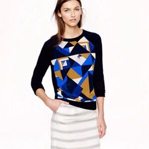 J. Crew Navy Merino Wool Silk-Panel Sweater in Cubist Print -‎ Medium
